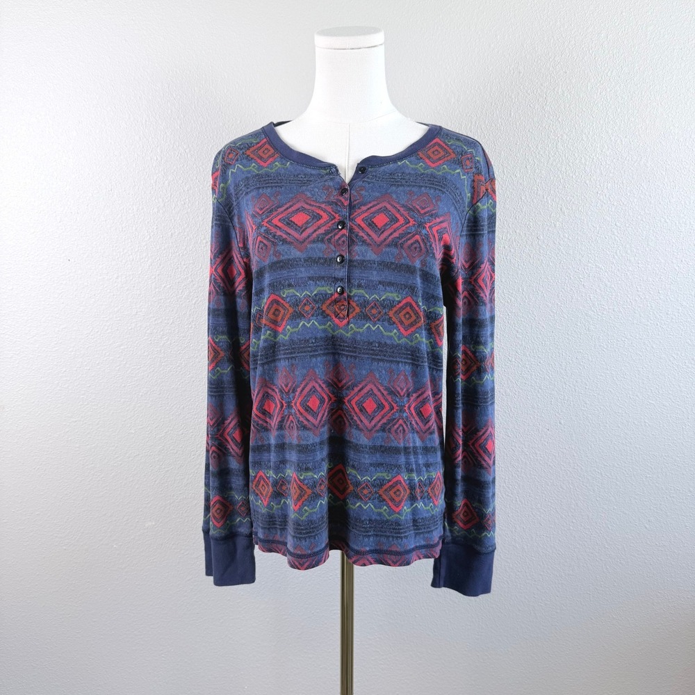 Lauren Ralph Lauren Blue Tribal Print Cotton Henley Long Sleeve Top XL